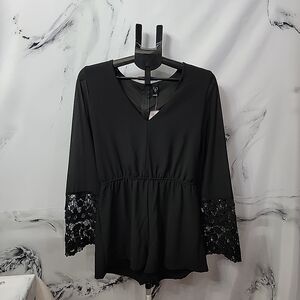 Women's WINDSOR Elegant Black Long Lace Sleeves Zipped Back Shorts Romper